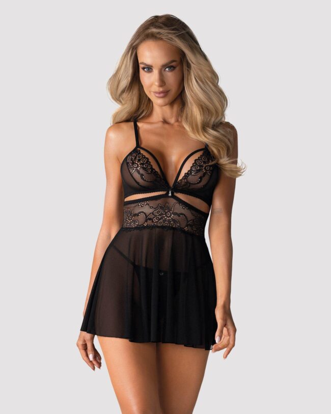 Obsessive 838-BAB-1 babydoll košieľka a tangá čierne  S/M – Obrázok 3
