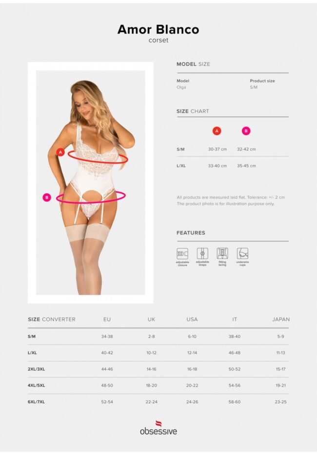 Biely čipkovaný korzet Obsessive Amor Blanco S/M – Obrázok 7