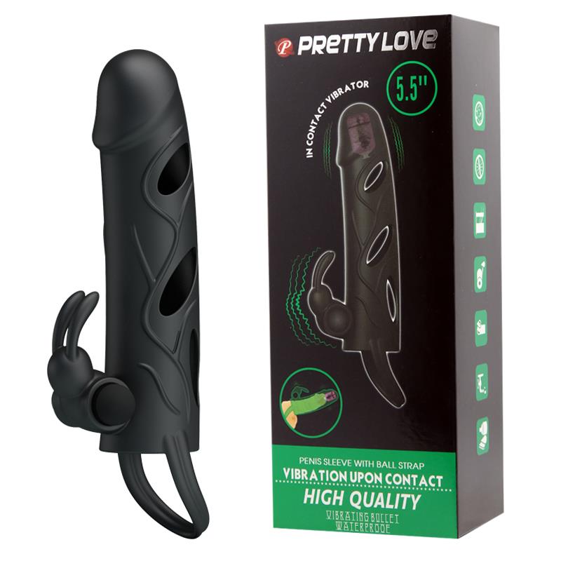 BI-026216A PRETTY LOVE - PENIS SLEEVE WITH BALL STRAP vibračný čierny – Obrázok 1